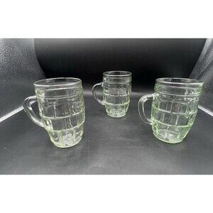 VTG Light Green Barrel Glass Mugs Set of 3 Block Pattern Coffee Beer Stein 8oz